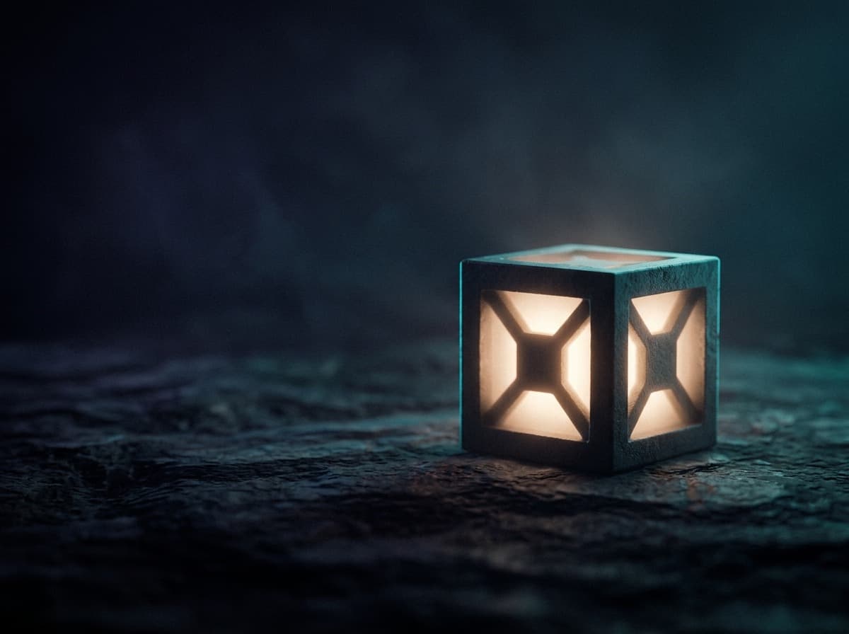 A solid, softly glowing cornerstone anchored on a dark surface - a grounded, trustworthy system.