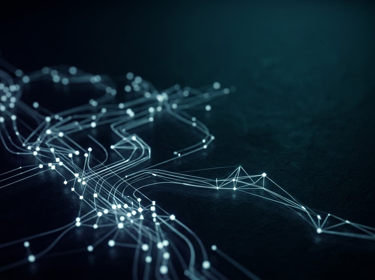 An operational-intelligence schematic - records, checklists, and audit trails flowing across a dark console.
