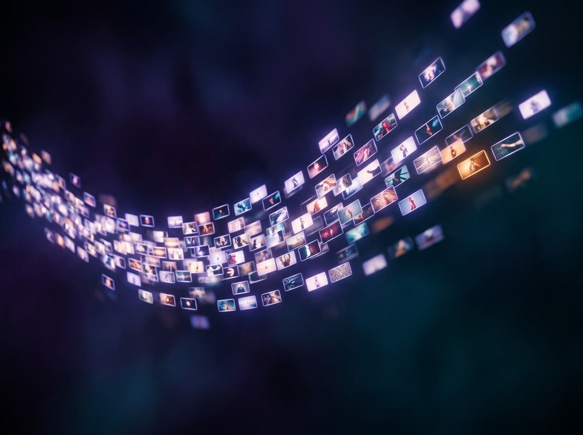 A vibrant wall of on-brand creative frames streaming outward - social video produced at scale.