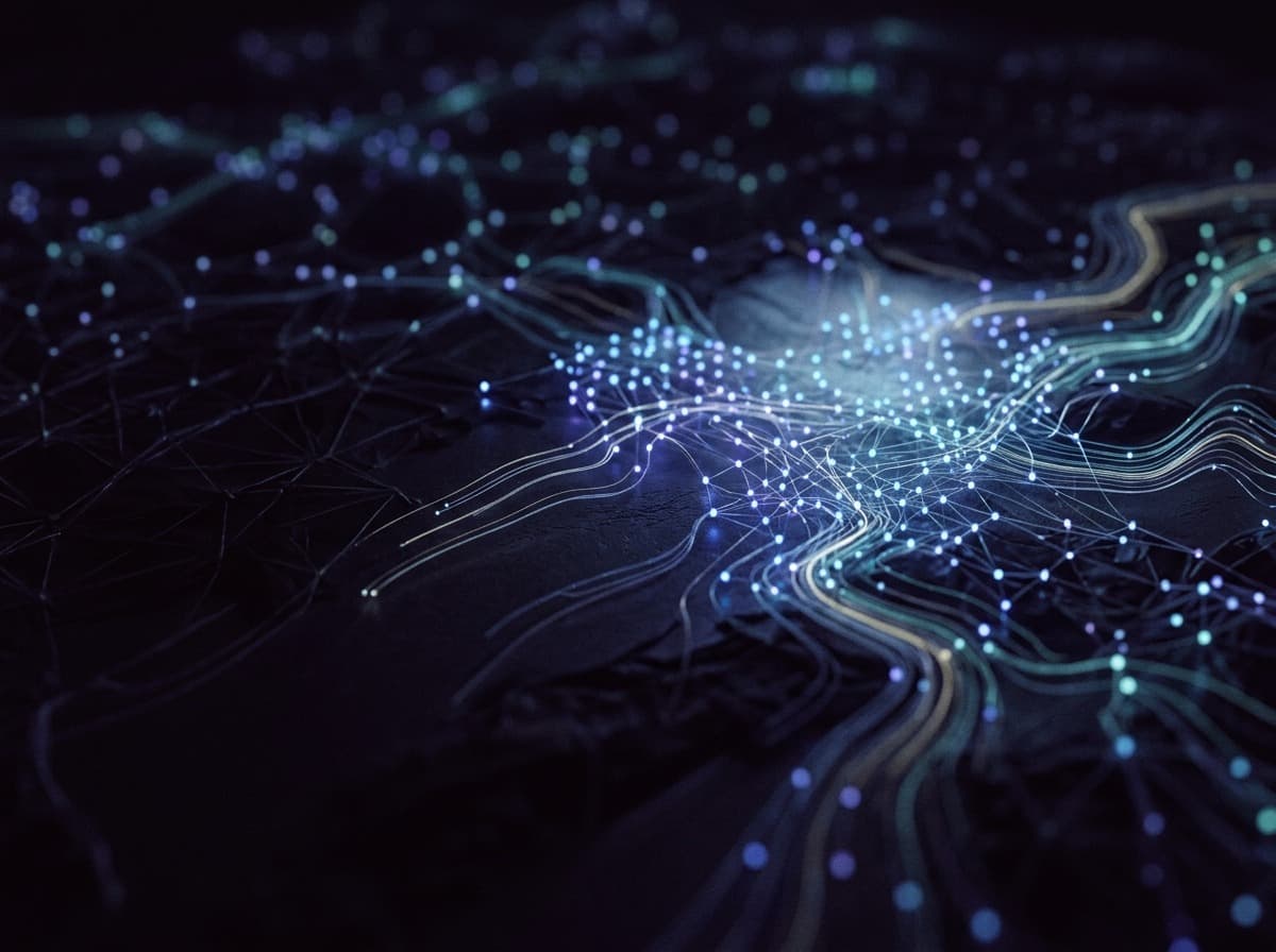 A glowing network of connected nodes and data streams - production AI systems at work.