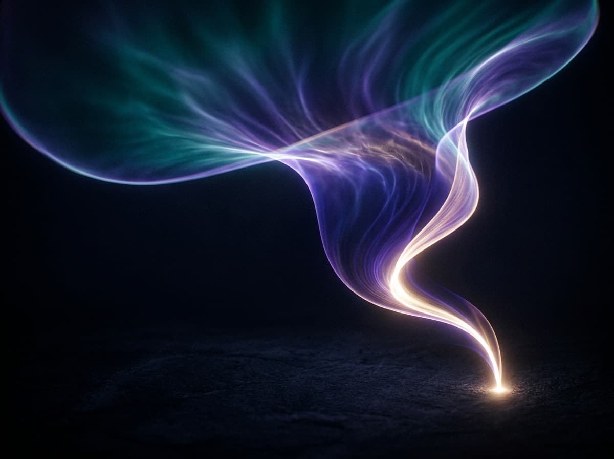 A bright point of light rising and broadening into an expansive glowing form - starting small and scaling up.