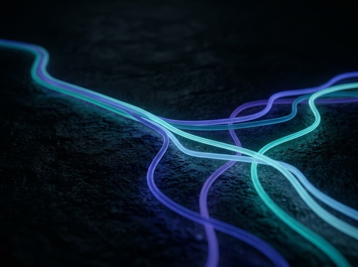 Distinct glowing pathways weaving across a dark surface and resolving into one route.