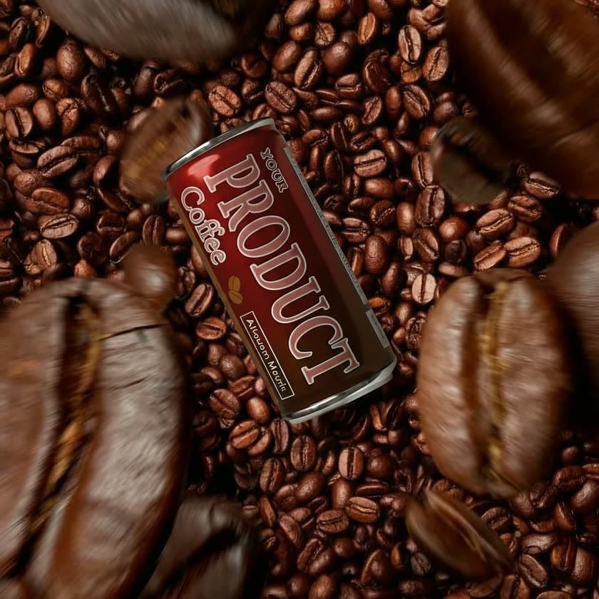 Coffee creative - a can suspended in a burst of beans